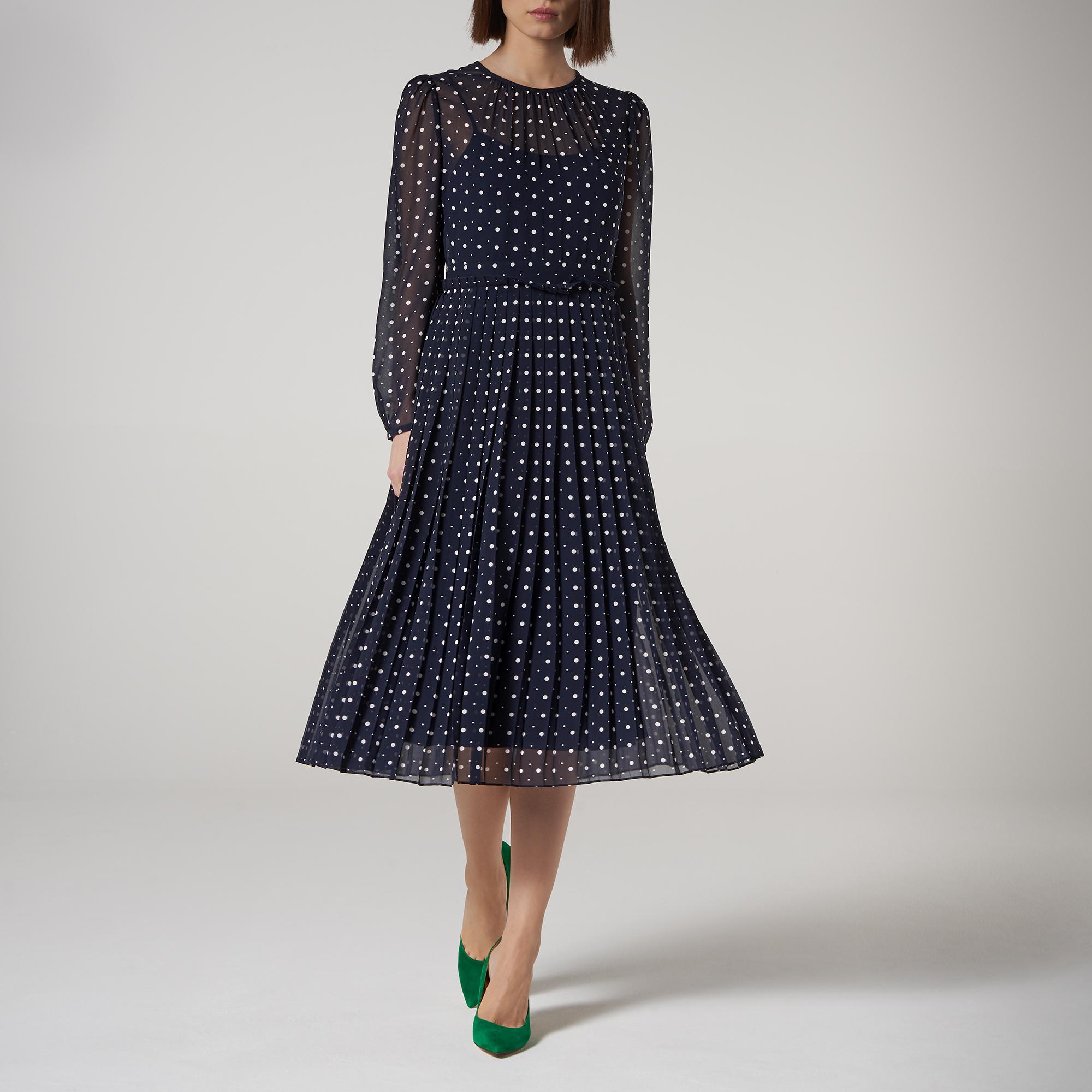 Avery Navy & Cream Pearl Print Pleated Midi Dress | Clothing 